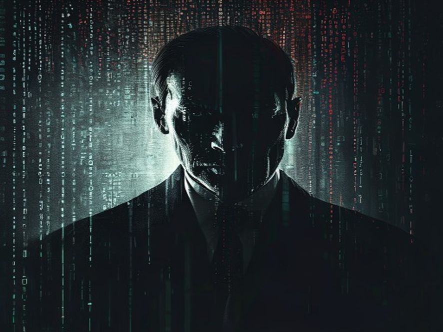Cinematic, photorealistic 8k image featuring a shadowy, glitching silhouette of a politician behind a digital veil of binary code and fractured light, symbolizing the threat of AIgenerated deepfakes to democracy, with a tense and serious atmosphere, dramatic contrast, and hightech digital distortion effects.