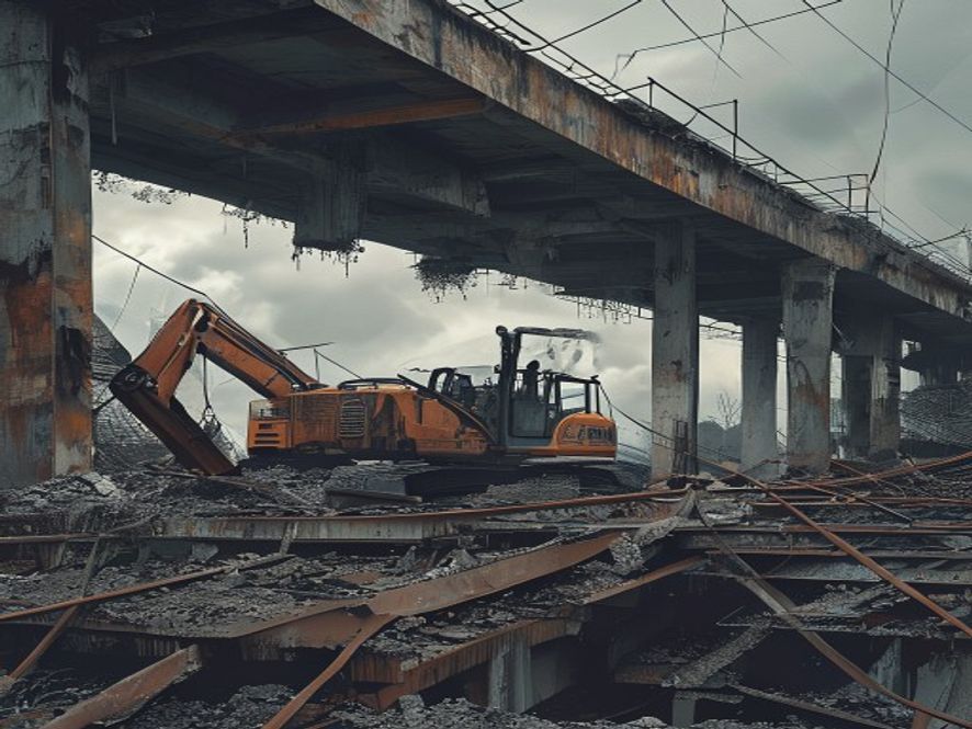 Cinematic, photorealistic 8k image of a dismantled urban overpass under a gloomy sky, featuring heavy construction machinery abandoned amidst rusted steel beams and crumbling concrete structures, capturing a tense and neglected atmosphere that highlights the dangers of systemic negligence in public infrastructure projects.