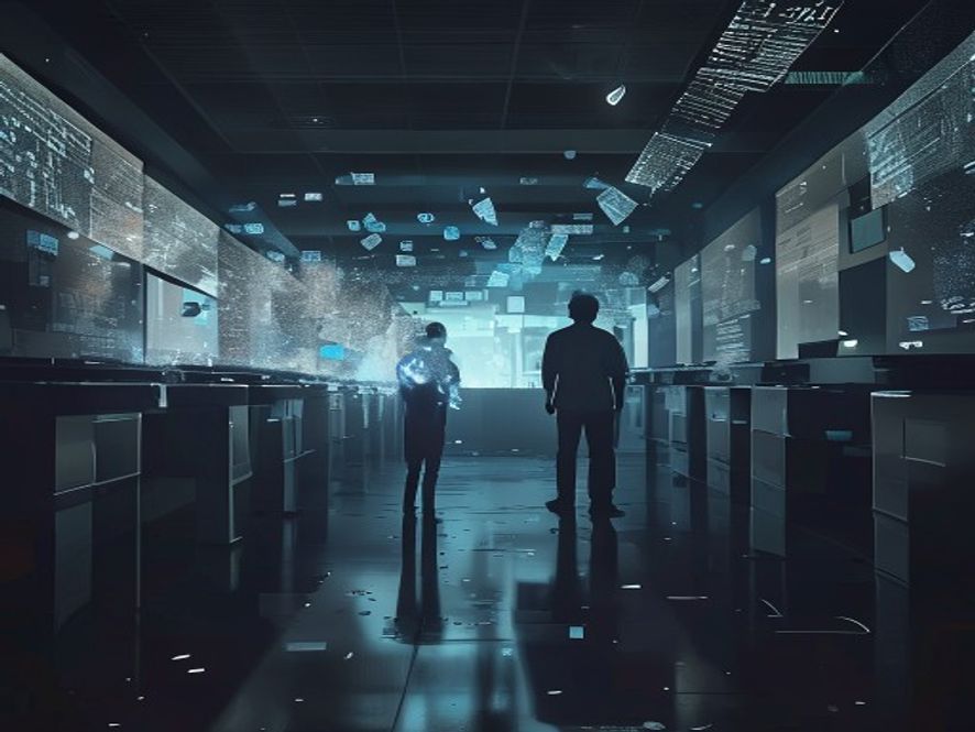 A cinematic, photorealistic 8k image showing a silhouette of a person standing alone in an empty, dimly lit polling station, with glowing holographic fragments of distorted digital news feeds and scattered social media text hovering in the air to represent the spread of misinformation, deep atmosphere, high contrast, professional photography.