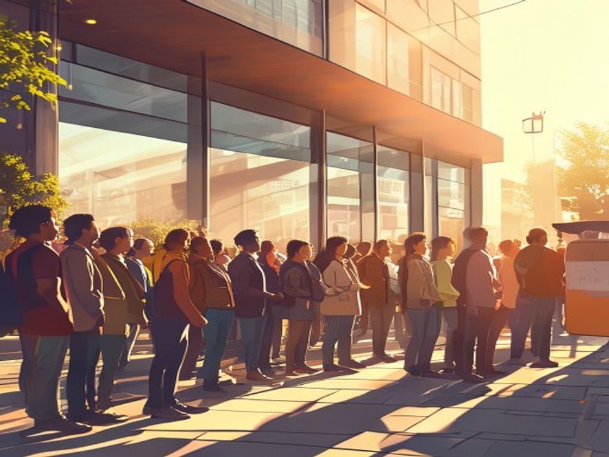 Cinematic, photorealistic 8k image of a diverse group of passionate citizens lining up calmly in front of a modern voting station in a sunlit urban plaza, capturing a hopeful and democratic atmosphere with a shallow depth of field, high resolution, and vibrant street lighting.