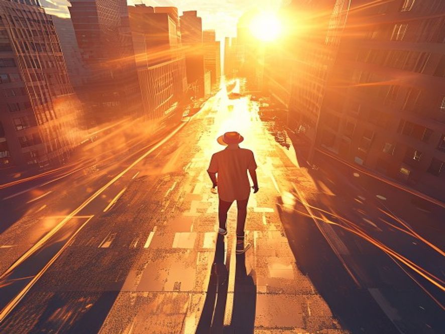 A highangle cinematic, photorealistic 8k shot of a shimmering, sundrenched city street in late May, capturing intense heat waves rising from the pavement under a clear, blazing sky with a person wearing a hat and sunglasses to protect against the scorching ultraviolet rays.