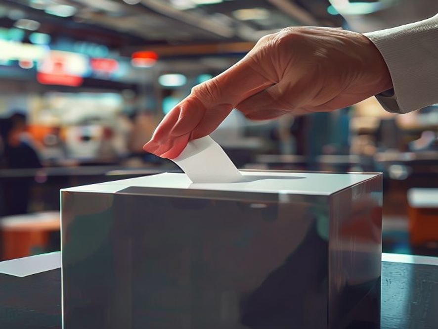 A cinematic, photorealistic 8k image showing a closeup of a hand placing a ballot paper into a sleek, modern transparent voting box, with a blurred background of a bustling election polling station and a sense of intense civic engagement, capturing the atmosphere of a historic and decisive democratic moment.