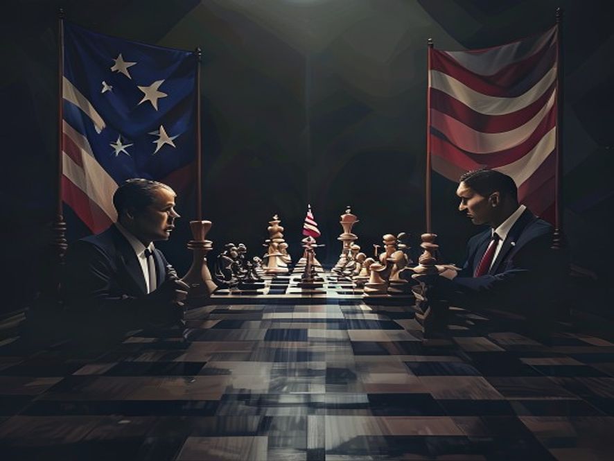 A cinematic, photorealistic 8k image featuring a conceptual representation of a complex diplomatic chess game between two flags, the South Korean and American, set against a dark, moody atmosphere with subtle lighting that emphasizes the tension and strategic gravity of international relations.