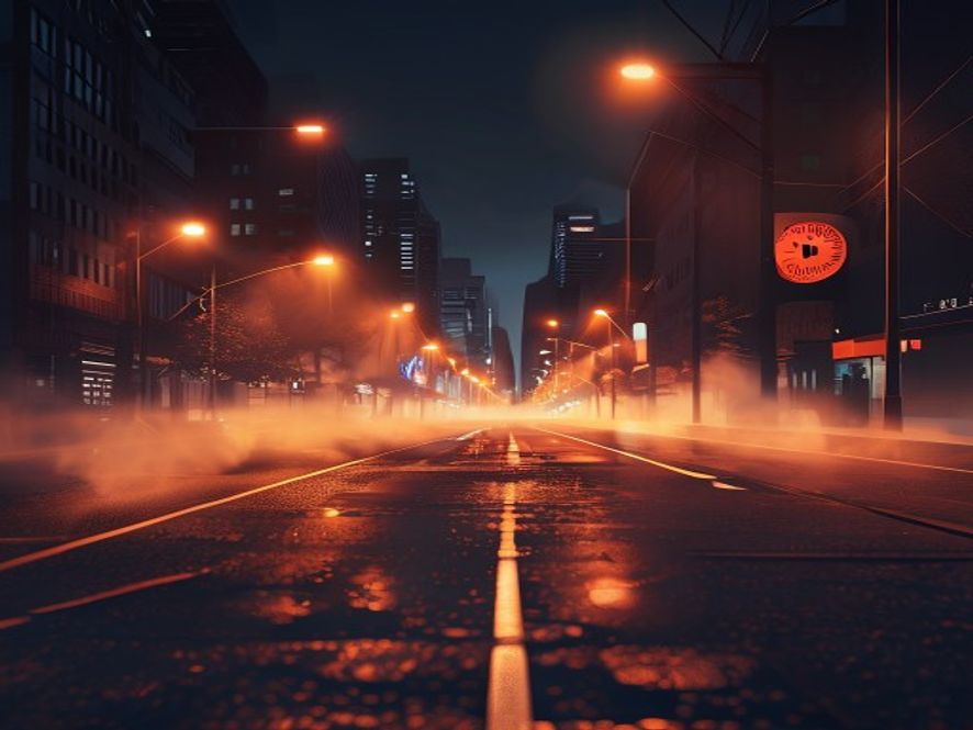 A cinematic and photorealistic 8k image capturing the stifling atmosphere of an unseasonably hot May night in a city, featuring shimmering heat haze rising from urban asphalt under glowing streetlights and a digital thermometer displaying high temperatures, conveying the intensity of an early tropical night.