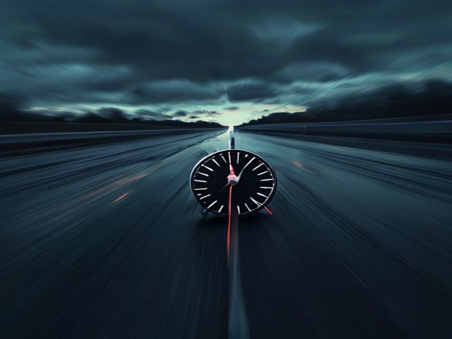 A cinematic and photorealistic 8k image of a blurred, highspeed car speedometer needle pointing towards extreme velocity, set against a dark and moody background of a rainslicked highway at twilight, evoking a somber and tragic atmosphere of reckless driving and loss.