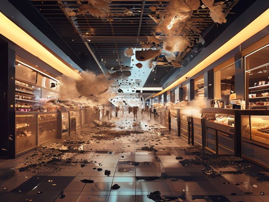 Cinematic and photorealistic 8k image showing a chaotic scene inside a luxury department store food court where ceiling panels have collapsed onto the floor, with dust and debris scattered across the area, dramatic lighting highlighting the structural failure, and a sense of urgent tension, emphasizing the critical need for safety inspection.