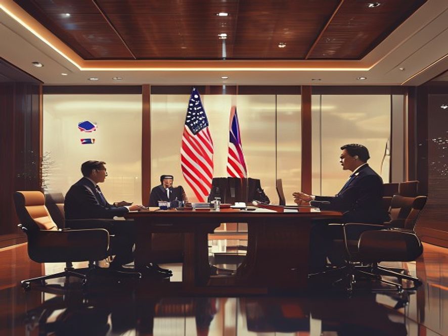 Cinematic, photorealistic 8k image of a highstakes diplomatic meeting between Korean and American officials in a modern, elegant conference room with the national flags of South Korea and the United States standing prominently, capturing an atmosphere of strategic partnership and mutual trust, with warm professional lighting highlighting a sense of geopolitical transformation.