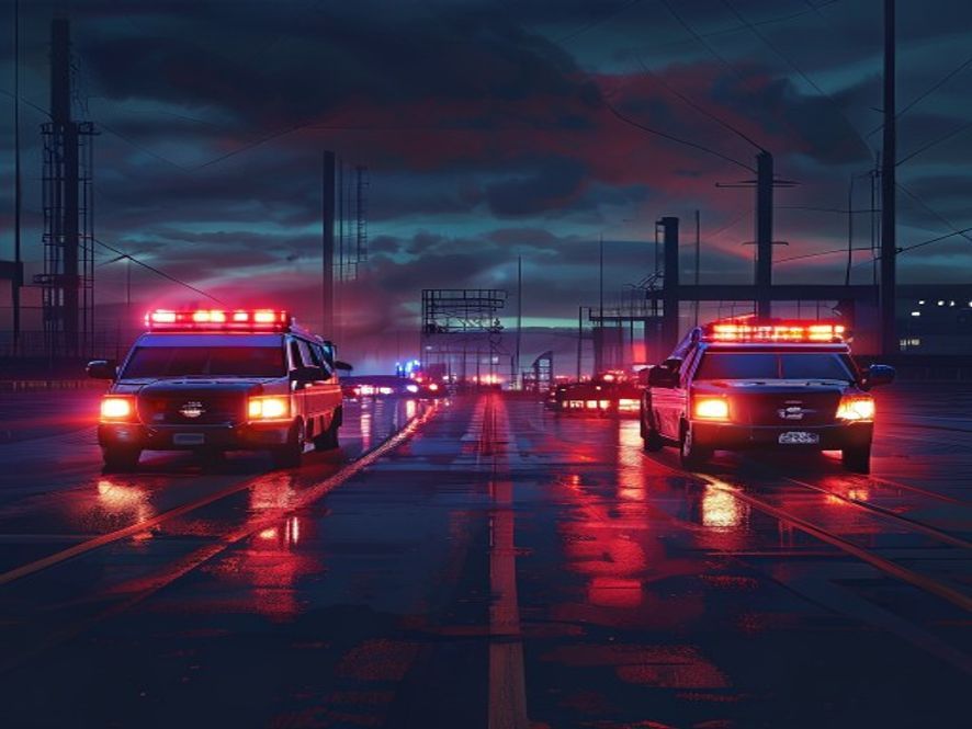 A cinematic, photorealistic 8k image showing emergency vehicles with flashing red and blue lights at the entrance of a heavily guarded industrial defense facility under a tense, moody sky, emphasizing a scene of urgent investigation and industrial safety concern.