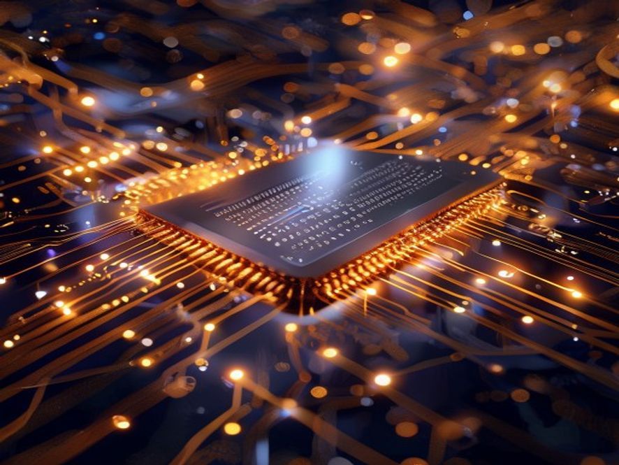 A hightech, photorealistic cinematic shot of a sleek, glowing silicon wafer integrated into a complex global network of golden digital data streams and AI infrastructure, symbolizing South Koreas recordbreaking export surge, 8k, highly detailed, dramatic lighting.