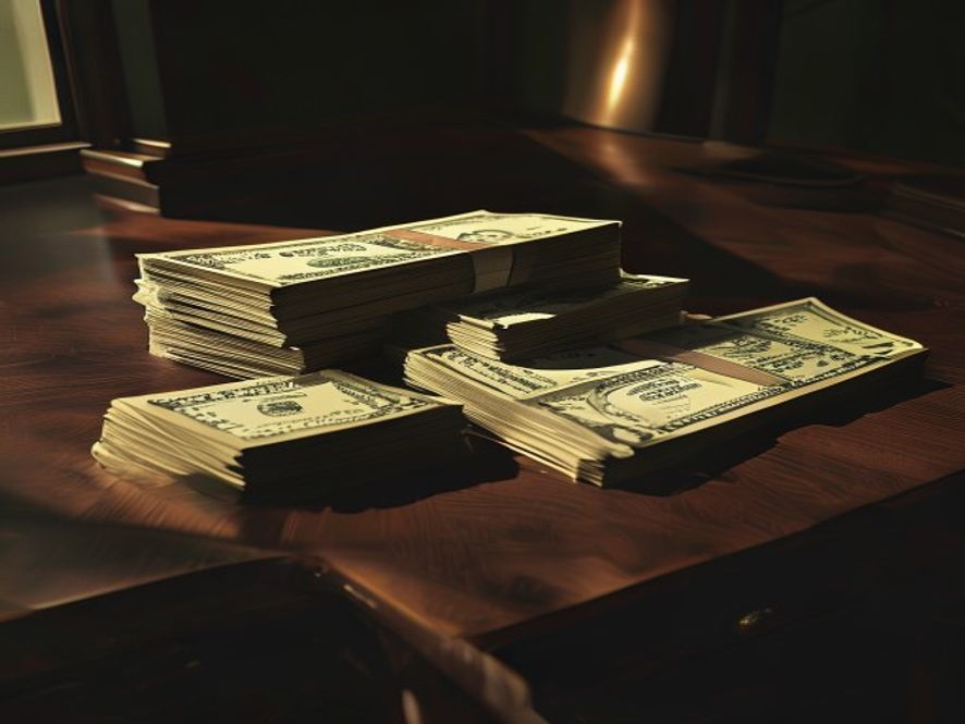 A cinematic, photorealistic 8k image featuring a shadowy, clandestine pile of banknotes stacked near an anonymous list of names on a mahogany desk, symbolizing the dark side of organized political funding, with a dramatic contrast between light and deep shadows to evoke a sense of corruption and investigation.
