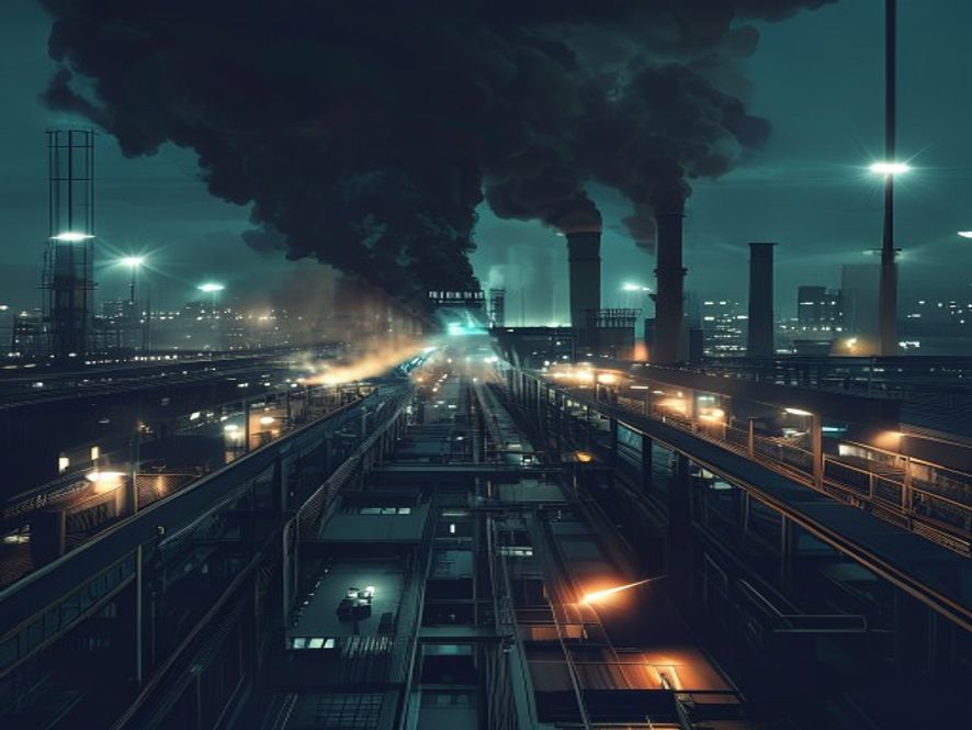 A cinematic, photorealistic 8k image showing a massive, modern semiconductor manufacturing facility at night, with dark smoke rising from a section of the complex under dramatic emergency lighting, capturing a tense and somber industrial atmosphere.