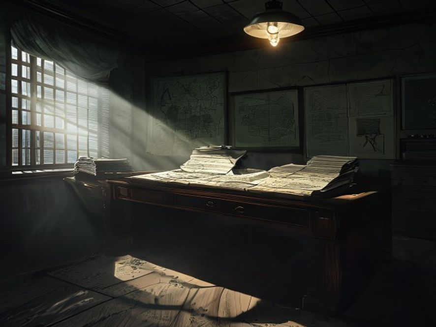 A cinematic, highcontrast photorealistic 8k image featuring a dimly lit, cold warstyle military map room with shadows falling over a stack of classified government documents and a lone, heavy wooden desk, evoking an atmosphere of political tension, hidden power, and investigation, with a moody and serious aesthetic.