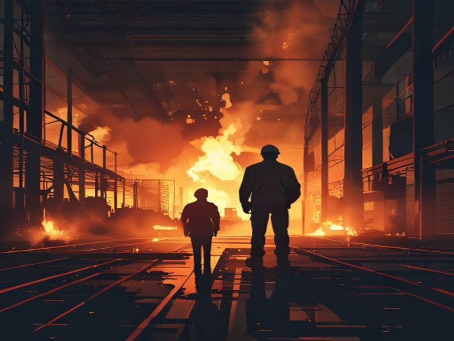 A cinematic and photorealistic 8k image showing a silhouette of a worker standing in a vast, modern defense industrial facility with dramatic lighting contrasting the glowing embers of a recent explosion in the distance, capturing the somber atmosphere of industrial growth and the urgent need for safety.