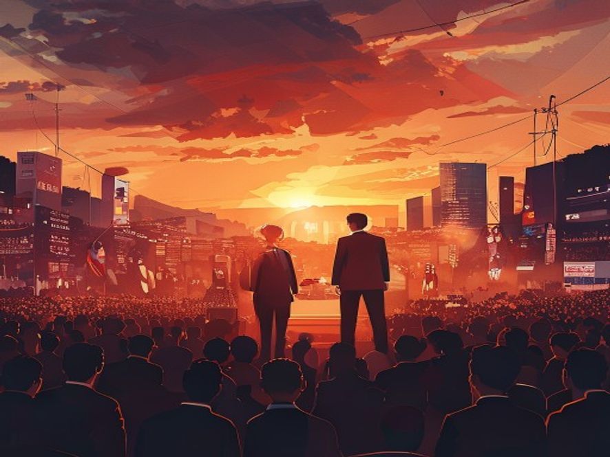 Cinematic and photorealistic 8k wide shot of two contrasting highprofile politicians standing on a bustling election campaign stage in the heart of South Koreas Chungcheong region, surrounded by a sea of passionate supporters under a dramatic sunset, capturing the intense political tension and strategic atmosphere of a decisive election battleground.