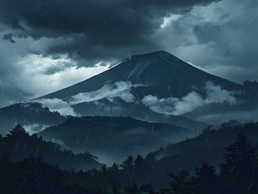 A cinematic and photorealistic 8k image showing a dramatic, rainlashed landscape of Hallasan Mountain under a dark, stormy sky with heavy downpours, symbolizing the intense impact of climate change and moistureladen clouds from a distant typhoon.