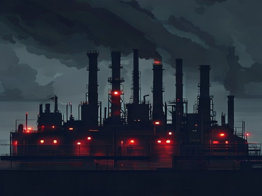 A cinematic, photorealistic 8k image showing a silhouette of a large industrial defense factory complex under a dark, stormy sky, with subtle red warning lights glowing on the facility structures to symbolize systemic safety neglect and the fragile foundation of corporate growth.