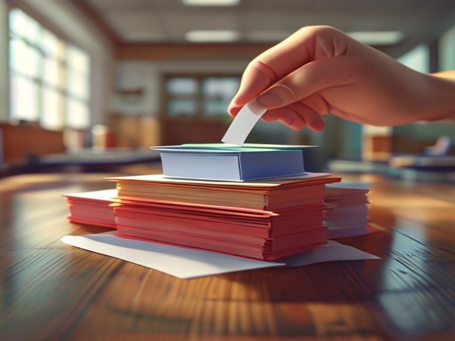 A photorealistic cinematic shot of a stack of multiple colorful election ballots neatly placed on a wooden table, with a blurred, focused hand holding a voting stamp in a bright and orderly polling station, 8k resolution, highly detailed, professional atmosphere.