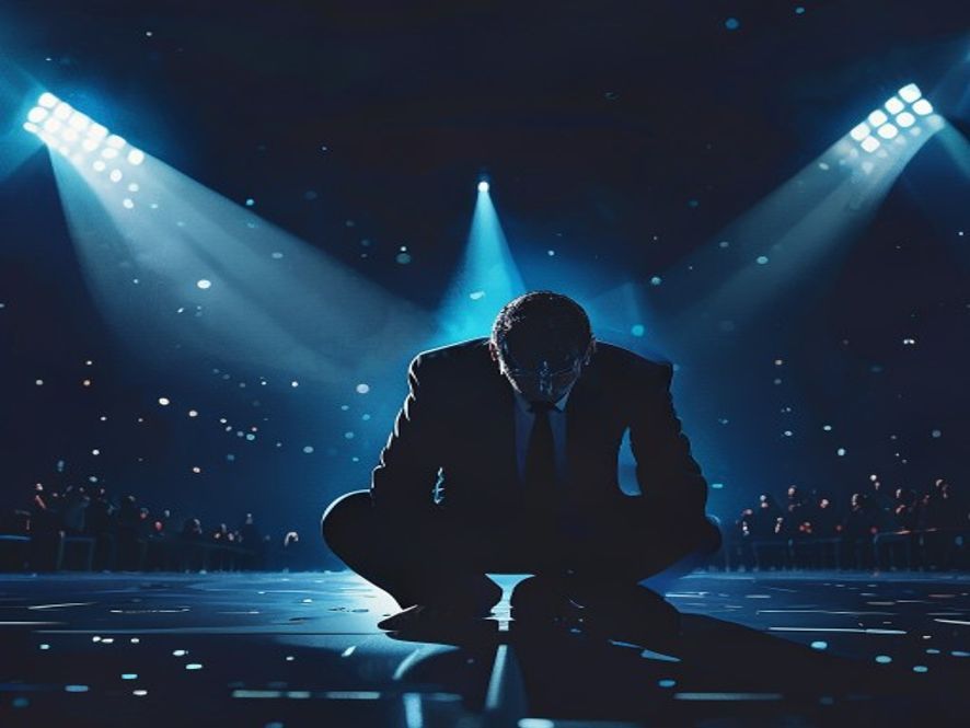Cinematic, photorealistic 8k image of a desperate politician kneeling on a crowded campaign stage at night with tears in their eyes, bathed in dramatic spotlights under a dark blue sky, capturing the tension and emotional manipulation of a final election rally, high contrast lighting, professional photography.