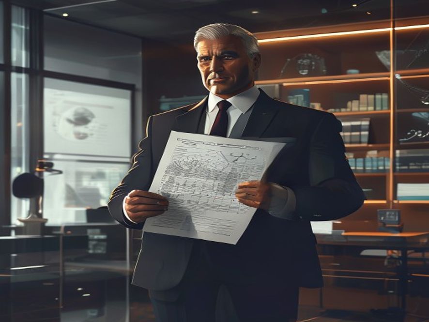 A cinematic, photorealistic 8k image of a confident politician standing in a grand, dimly lit modern office, holding a detailed political strategy document filled with data charts and success metrics, symbolizing a strategic shift from retrospective analysis to futureoriented political planning.