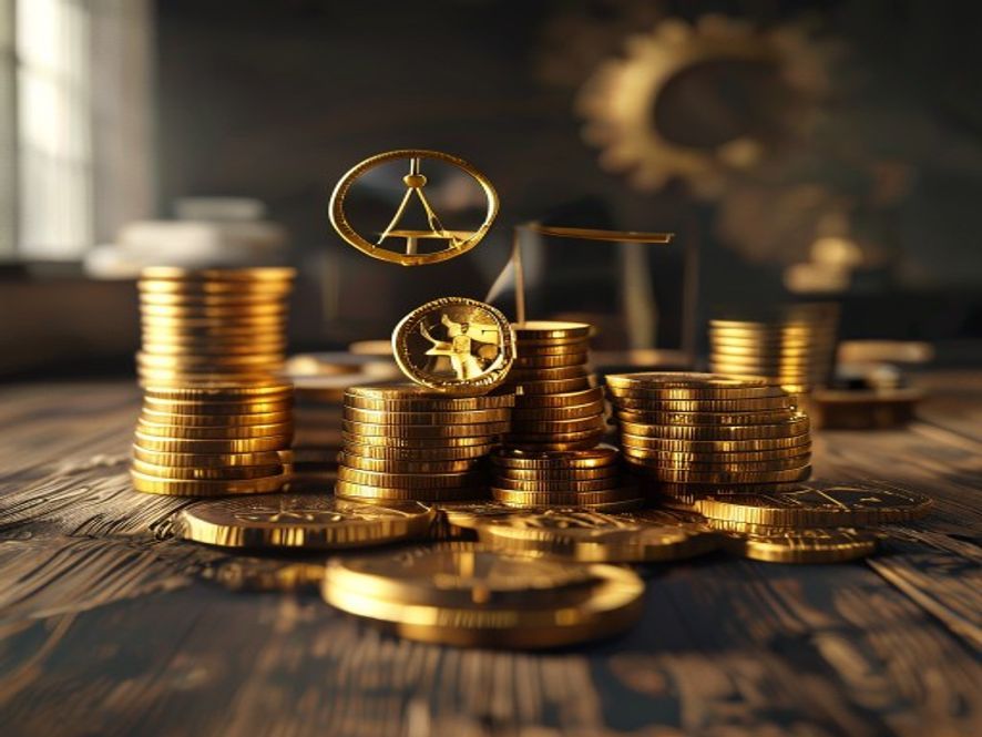 A cinematic, photorealistic 8k image showing a complex scale balanced between gold coins representing economic stability and laborrelated gears on a wornout wooden desk, symbolizing the intense conflict between management and labor over minimum wage policies in a tense, professional office atmosphere.