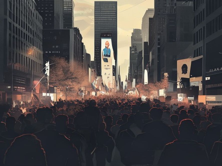 A cinematic and photorealistic 8k image capturing a hightension urban landscape where a dense, blurred protest crowd confronts a busy city street, symbolizing the sharp conflict between individual rights and public movement with dramatic lighting and a somber, contemplative atmosphere.
