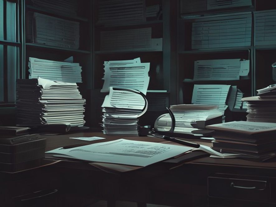 A cinematic, photorealistic 8k image of a dimly lit, hightension investigation office featuring stacks of medical records and insurance documents scattered on a desk, with a magnifying glass hovering over suspicious financial transaction logs, highlighting the dark theme of insurance fraud in nursing hospitals with a moody and serious atmosphere.