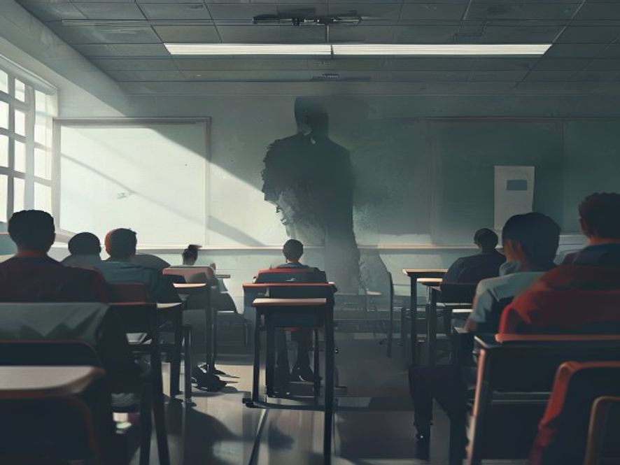 A cinematic, photorealistic 8k image of a cold, highcontrast classroom scene where a stern, shadowy militarystyle silhouette stands in the background, contrasting with the blurred, vulnerable figures of students and an empty teachers desk, symbolizing the tension between authoritarian control and the need for educational empathy and trust.