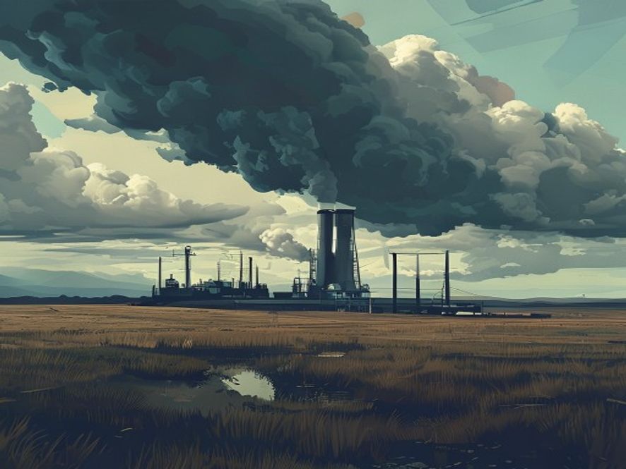 A cinematic, photorealistic 8k image showing a vast, contrastfilled landscape where a futuristic power plant stands in a rural area, with dark, heavy clouds looming above reflecting the social tension between industrial energy infrastructure and a local community, symbolic of regional inequality and the complex struggle for energy justice.