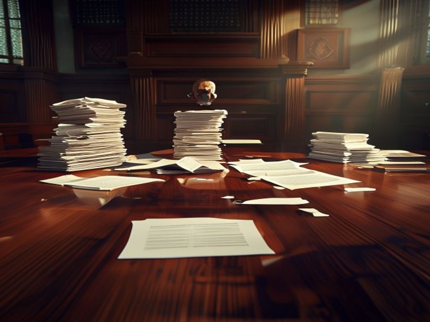 A cinematic and photorealistic 8k image of a highstakes political courtroom setting, featuring stacks of legal documents and scattered ballot papers on a mahogany table, with intense dramatic lighting casting deep shadows to symbolize political tension, conflict, and the struggle for election integrity.
