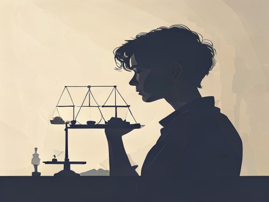 A cinematic and photorealistic 8k image showing a thoughtful young person silhouette looking at a conceptual scale representing the balance between medical insurance funds and healthcare priorities, with a softfocus medical document and a minimalist background symbolizing social responsibility and fiscal sustainability.