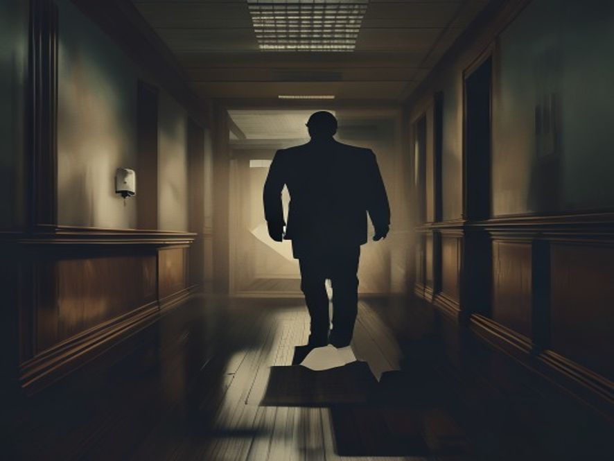 A cinematic and photorealistic 8k image of a blurred, silhouetted government official walking away into a dim, formal office corridor, with an incomplete and faded official document cast in shadow on a wooden desk, symbolizing lack of transparency and hidden facts, moody lighting, professional journalistic style.