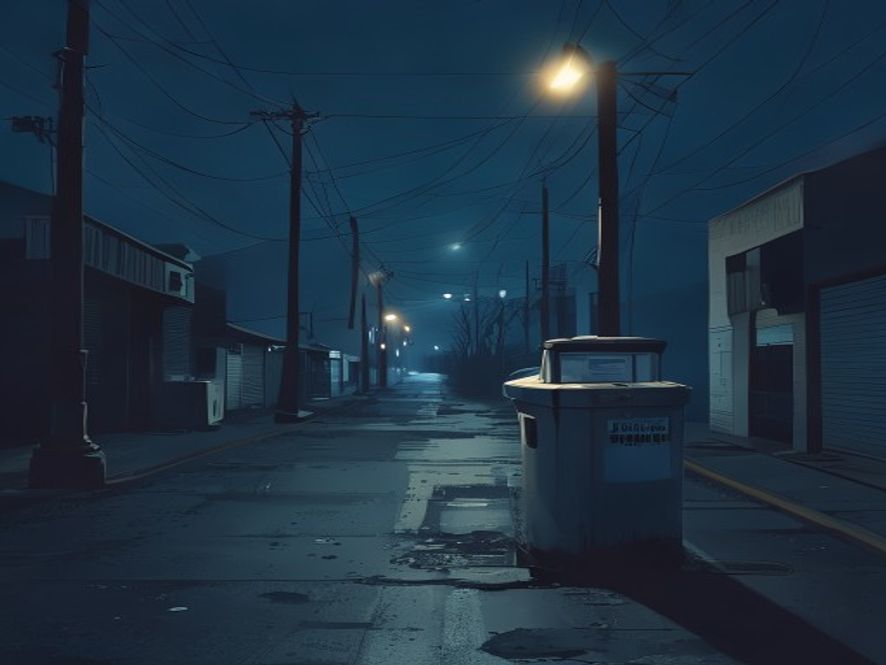 A cinematic, photorealistic 8k image capturing a somber and mysterious atmosphere on a lonely Incheon street at dusk, featuring a discarded, medicallabeled clinical waste bin isolated under a dim flickering streetlight, symbolizing systemic negligence and the fragility of medical dignity, with a cold, moody blue color palette and sharp details.