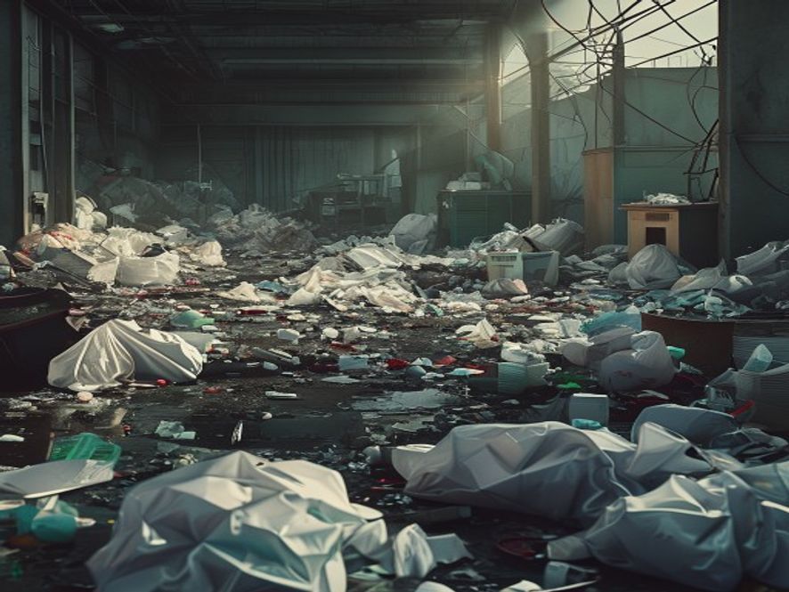A cinematic and photorealistic 8k image showing a dimly lit, chaotic industrial waste site filled with discarded medical refuse and plastic bags, highlighting a somber and investigative atmosphere regarding the failure of medical waste management systems.