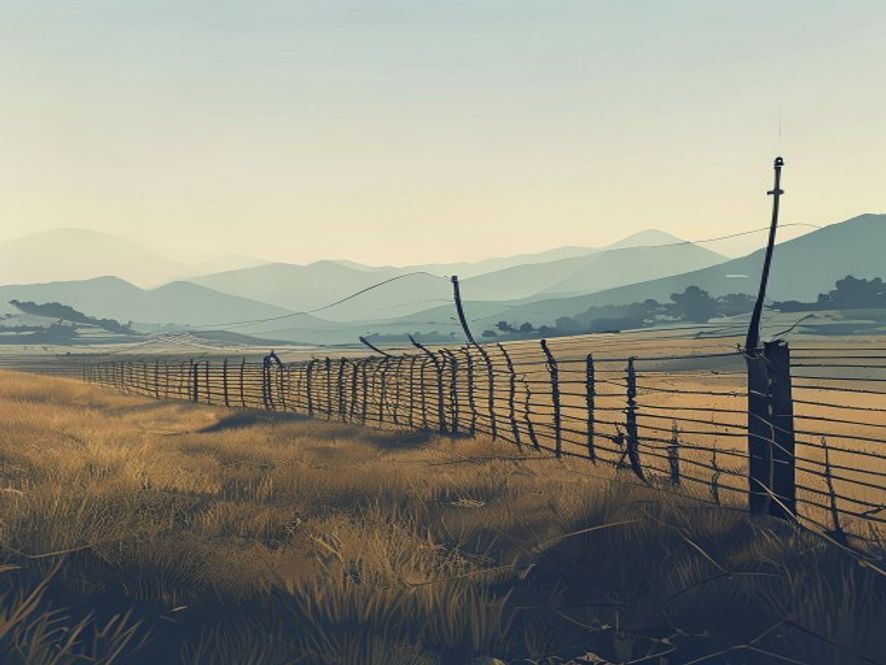 Cinematic, photorealistic 8k image of a scenic, tranquil Korean border landscape where an old barbedwire fence is being removed to reveal a bright, developing rural valley under a clear morning sky, symbolizing hope, regional revitalization, and the lifting of longstanding movement restrictions.