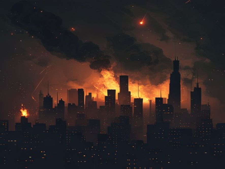 A cinematic, photorealistic 8k image capturing the silhouette of a modern cityscape under a dark, smokefilled sky during a geopolitical conflict, with glowing tracer fire and embers illuminating the atmosphere, symbolizing a dramatic shift in global security and intense military tension.