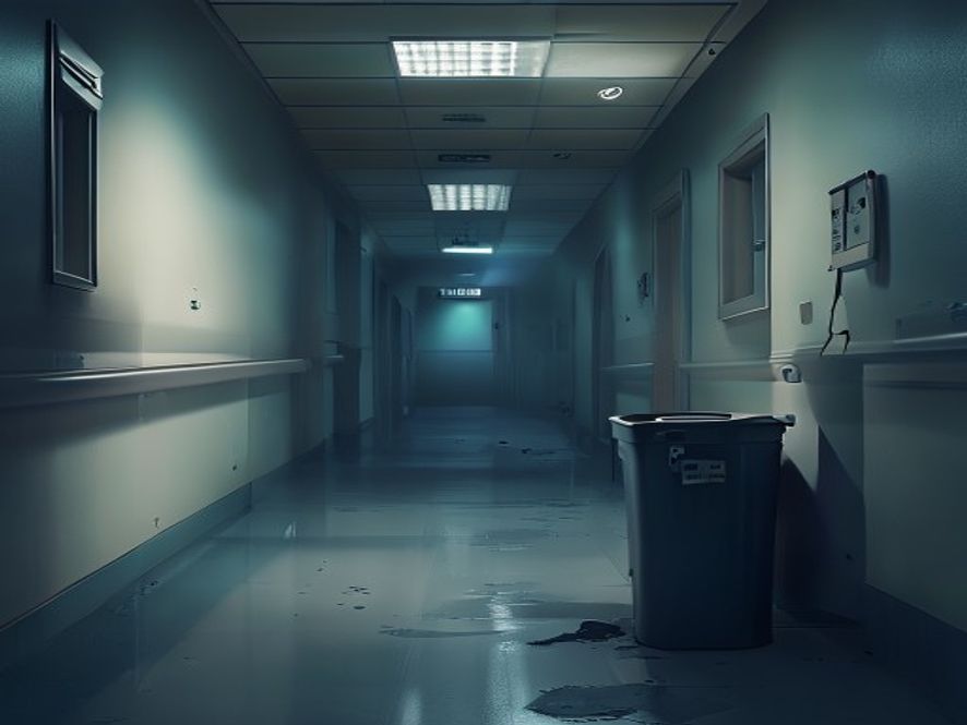 A cinematic and photorealistic 8k image featuring a dimly lit, somber nursing hospital hallway with a discarded medical waste bin in the foreground, symbolizing the tragic neglect of human dignity and systemic failure in medical care, atmospheric lighting, high contrast, dramatic shadows.