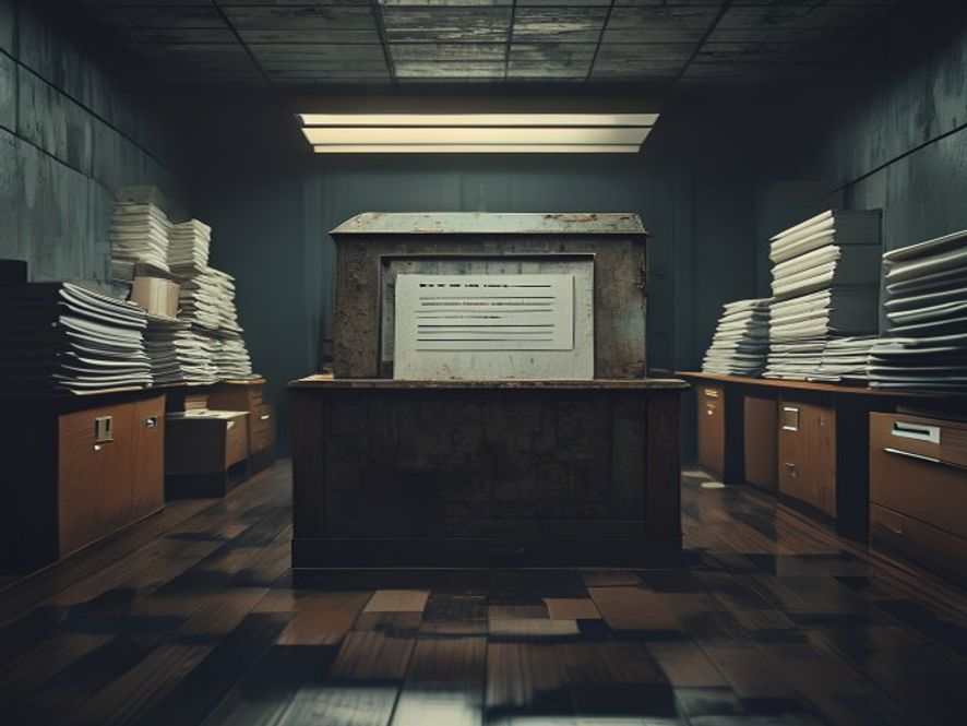 A cinematic and highresolution photograph capturing a weathered, symbolic ballot box standing in the center of a dim, somber office with stacks of official investigation documents, highlighting the weight of democratic accountability and institutional reform, photorealistic, 8k, moody lighting.