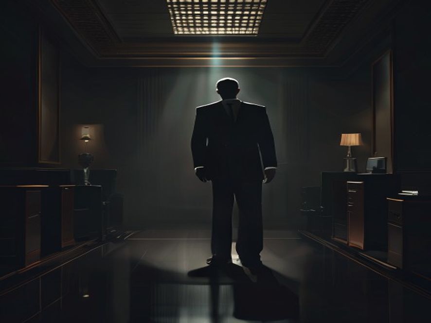 A cinematic, photorealistic 8k image of a highranking government official in a formal suit standing alone in a dark, imposing office, illuminated by a single harsh spotlight, representing the controversy of selfawarded bonuses and the erosion of public trust in a national institution, dramatic atmosphere with deep shadows and professional office interior background.