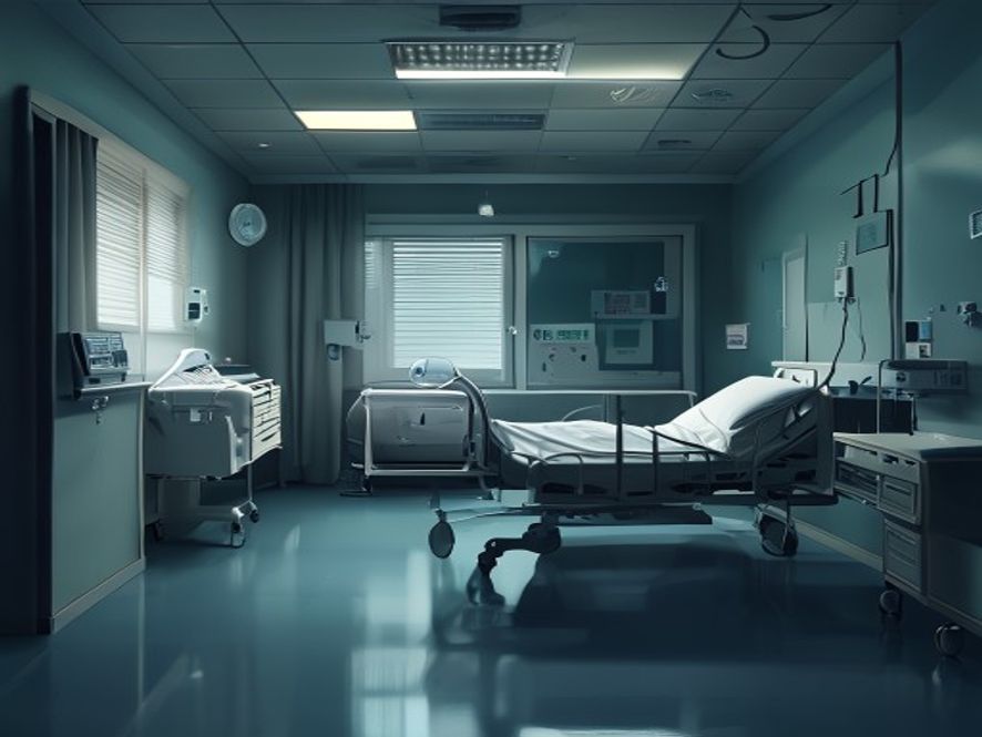A cinematic and highcontrast, photorealistic image capturing a dimly lit, sterile yet neglected nursing hospital room, featuring an empty patient bed with medical equipment in the background, symbolizing the dark side of closed healthcare systems and the critical need for patient safety, 8k resolution, moody and somber atmosphere.