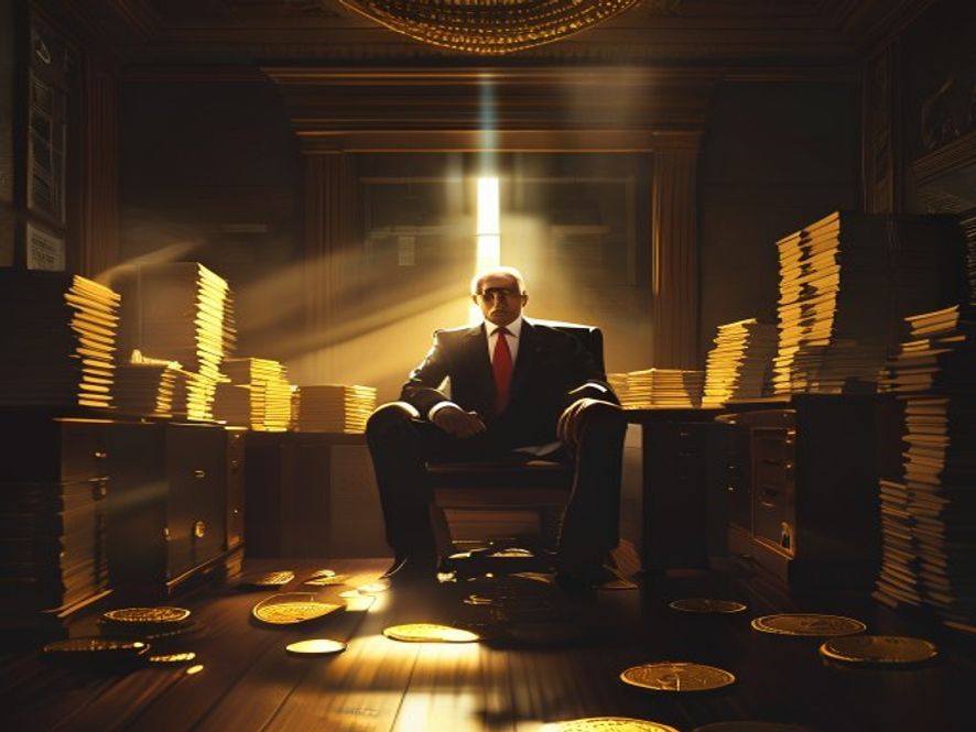 A cinematic, photorealistic 8k image of a highranking government official sitting alone in a dimly lit, somber office, surrounded by stacks of official documents and gold coins representing misused tax money, casting long shadows to emphasize the theme of systemic corruption and moral decay.