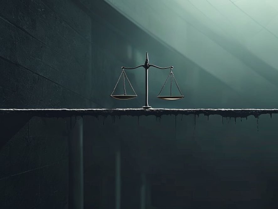 A cinematic, photorealistic 8k image featuring a lonely, weathered scales of justice precariously balanced on a narrow, sharpedged tightrope stretched across a cold and shadowy architectural void, representing the tension between political slogans and legal reality, moody atmosphere with dramatic lighting.