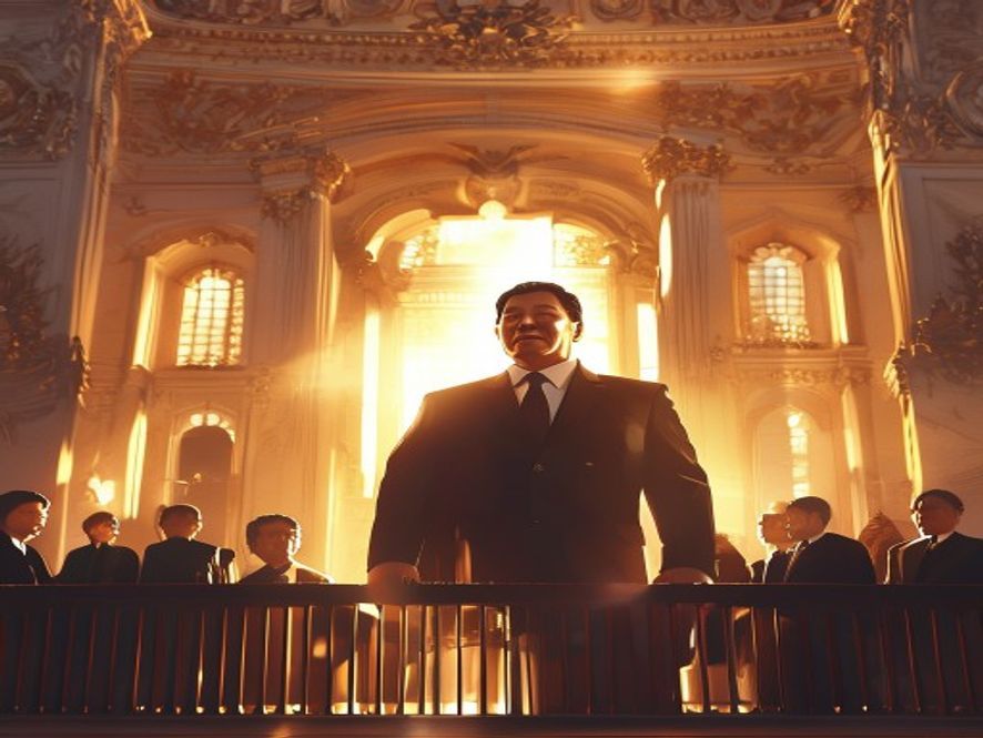 A cinematic and photorealistic 8k image featuring a confident South Korean leader standing at a grand European palace balcony with French and international dignitaries, symbolizing a pivotal diplomatic alliance, glowing with warm sunlight and a sophisticated atmosphere of global power, high detail, architectural elegance.