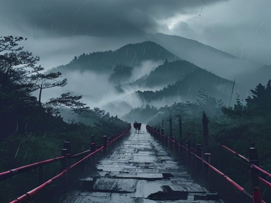 A cinematic, photorealistic 8k image showing a misty, raindrenched Seoraksan mountain trail blocked by safety barricades under a dark, stormy sky, with a blurred traditional Korean festival banner swaying in heavy downpour, emphasizing the volatile danger of climate change.