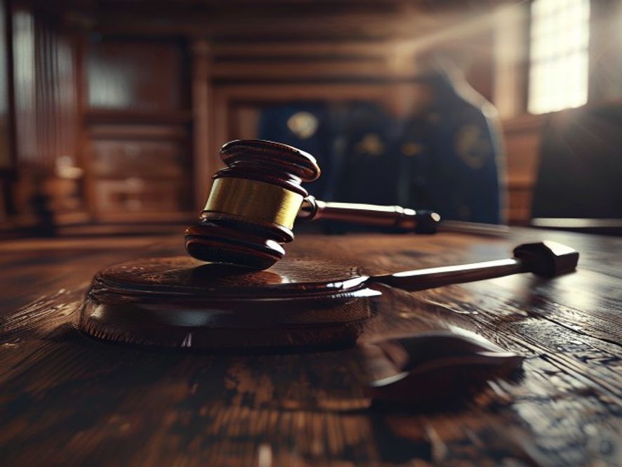 A cinematic and photorealistic 8k image of a weathered, wooden courtroom gavel resting heavily on a polished dark desk, with the blurred silhouette of a lone police badge in the background, symbolizing the weight of justice and the gravity of state accountability, dramatic lighting, high contrast.