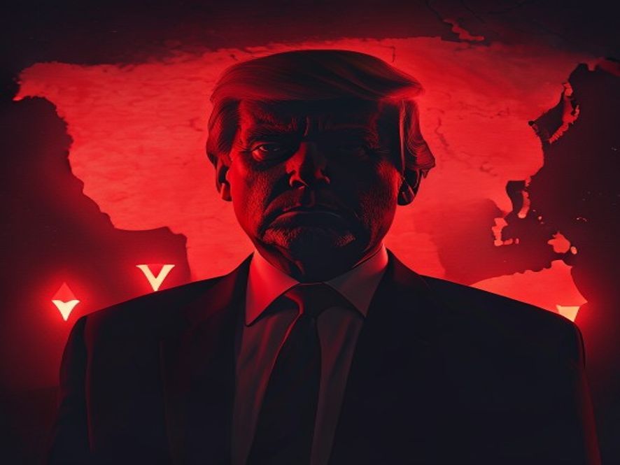 A cinematic, photorealistic 8k portrait of Donald Trump standing against a backdrop of a silhouetted Middle Eastern map with glowing red crisis markers, capturing a tense and strategic atmosphere, dramatic highcontrast lighting, intense professional photography style.