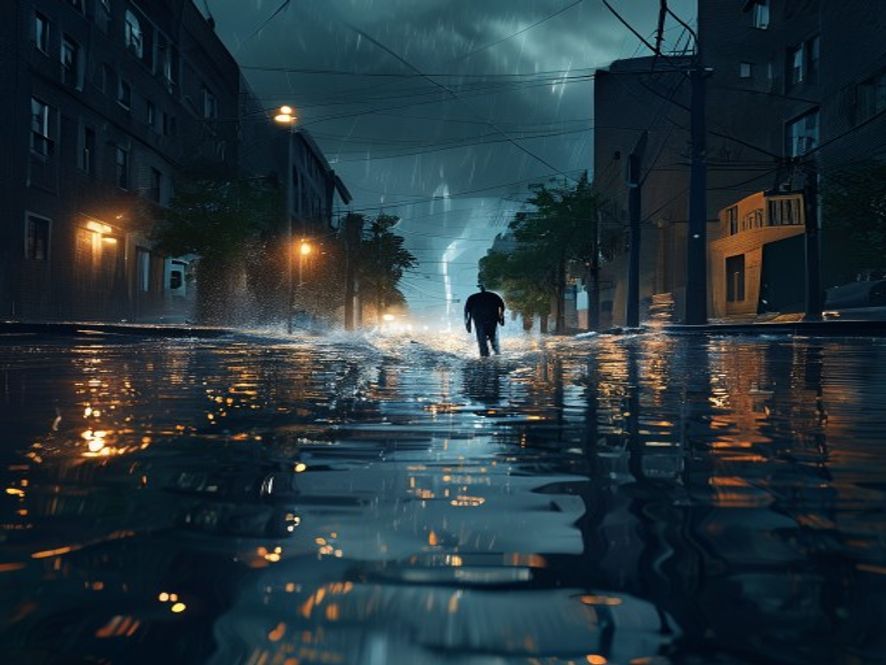 Cinematic, photorealistic 8k image of a flooded urban street during a torrential summer rainstorm, featuring a lone pedestrian cautiously navigating through heavy downpours under a dark, dramatic sky with glowing city lights reflecting on the water, capturing a tense and urgent atmosphere of climate disaster.