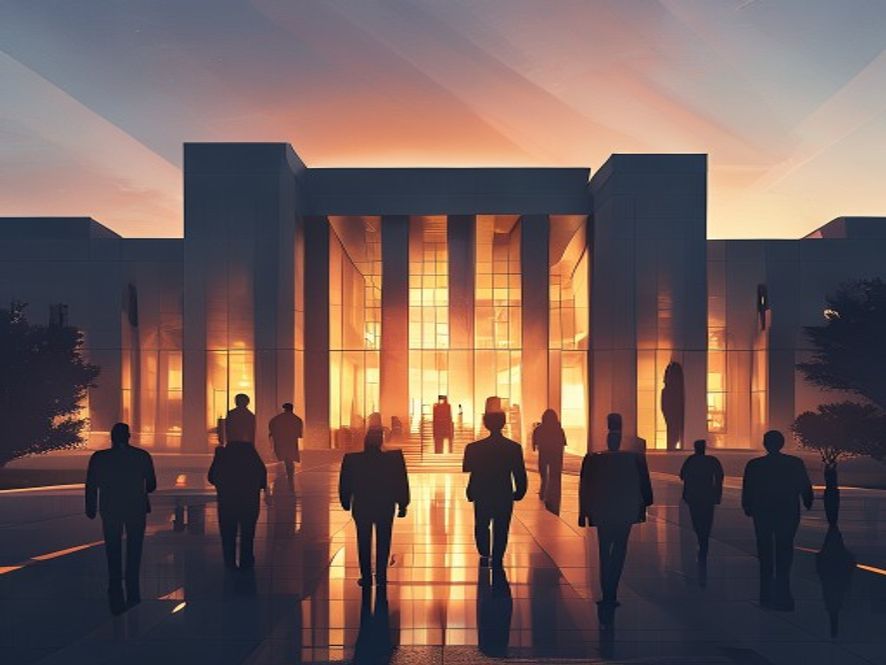A cinematic and photorealistic 8k image featuring a grand, modern government building entrance at dawn, symbolizing a strategic shift in national leadership, with silhouettes of professional figures in suits walking towards a bright, transformative future, architectural grandeur, high contrast, authoritative and sophisticated atmosphere.