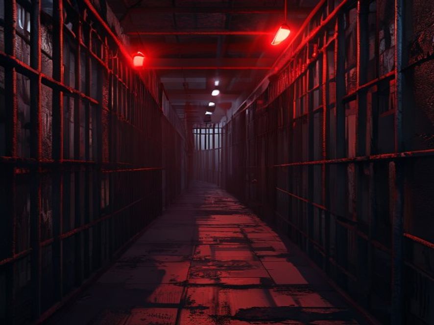 A cinematic, photorealistic 8k image of a dimly lit, overcrowded prison cell corridor with rusted iron bars and flickering red warning lights, casting long, dramatic shadows to symbolize institutional strain and social danger, captured with a gritty and hightension atmosphere.