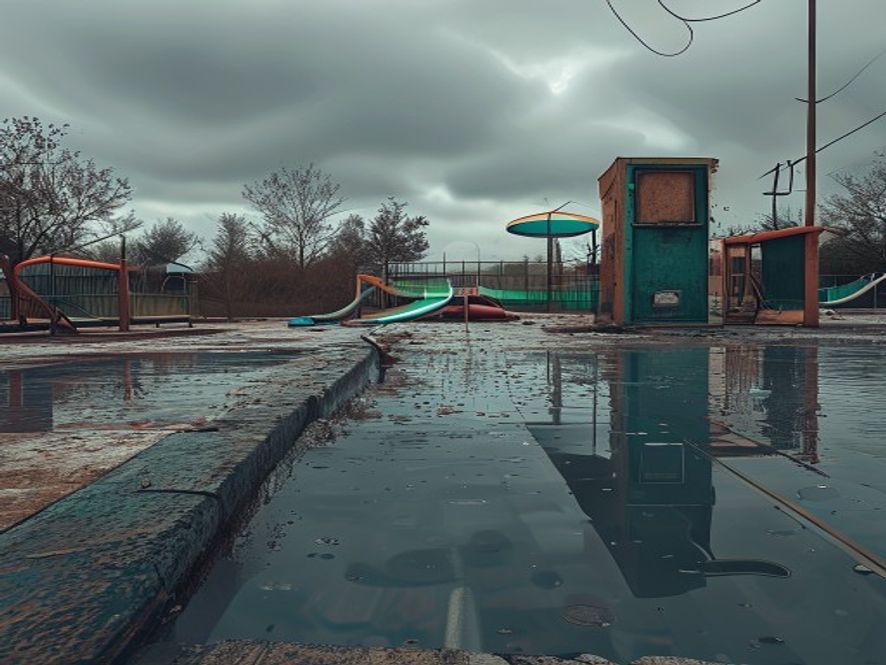A somber and cinematic photorealistic shot of an abandoned, desolate childrens water park under a gray sky, focusing on a rusted, exposed electrical panel near a pool edge, 8k resolution, dramatic atmosphere of negligence and tragic loss.