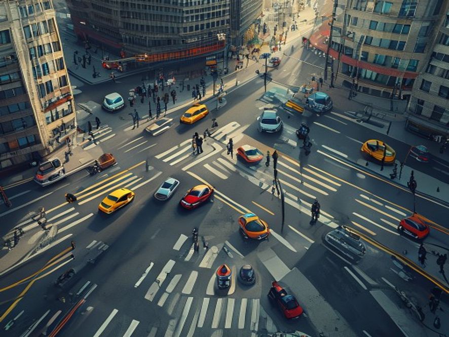 A cinematic, photorealistic 8k image capturing a bustling urban intersection from a somber, eyelevel perspective, highlighting the contrast between the vulnerability of pedestrians and the complex structural challenges of an aging society, with a focus on modern traffic safety symbols and the heavy atmosphere of a city grappling with transportation reform.